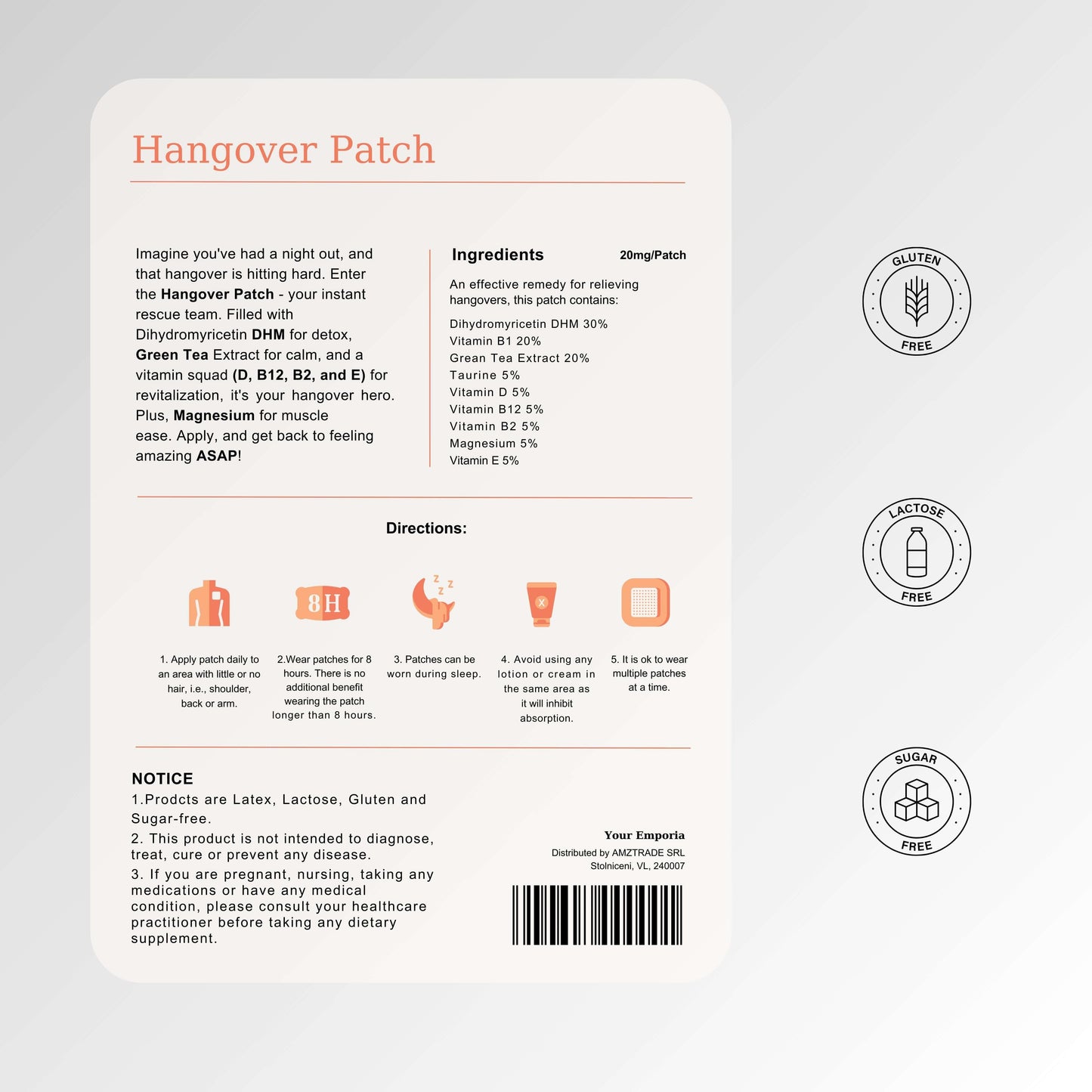 Hangover patch packaging with ingredients, directions, and dietary information, promoting quick relief from hangover symptoms.