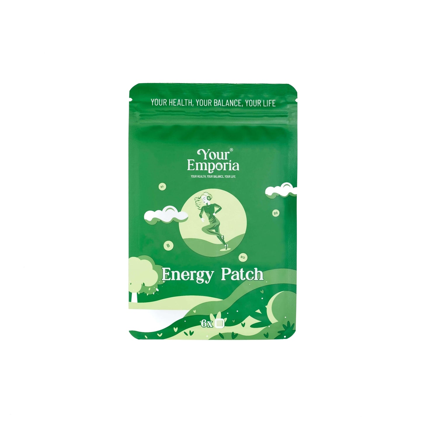 Pachet de plasturi pentru energie de la Your Emporia, cu design verde și mesaj motivant pentru vitalitate.