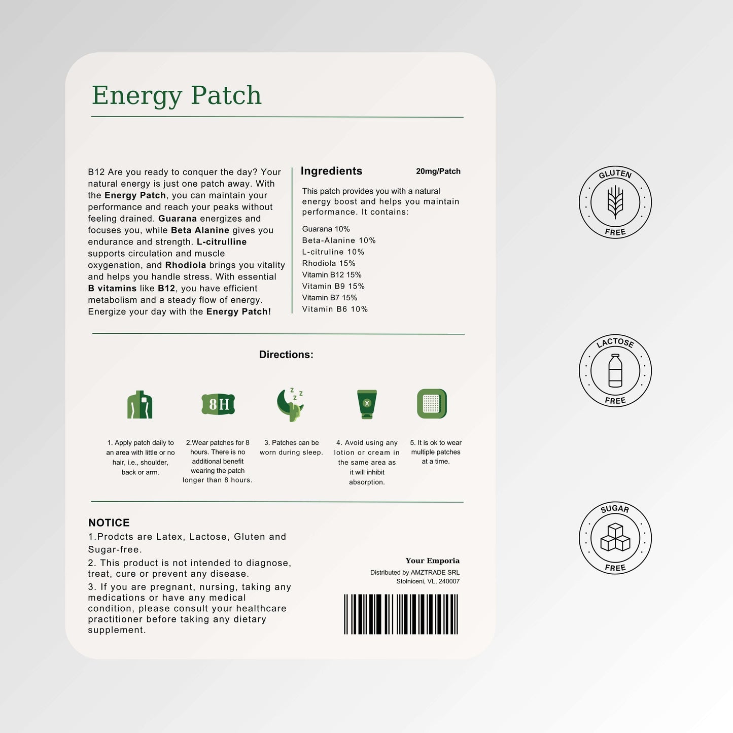 Energy patch packaging with ingredients, gluten-free, lactose-free, and sugar-free icons, providing vitality and performance boost.