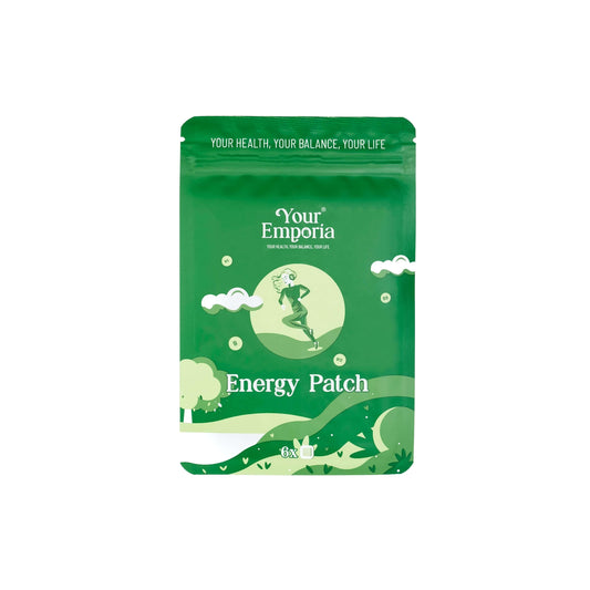 Pachet de plasturi pentru energie de la Your Emporia, cu design verde și mesaj motivant pentru vitalitate.